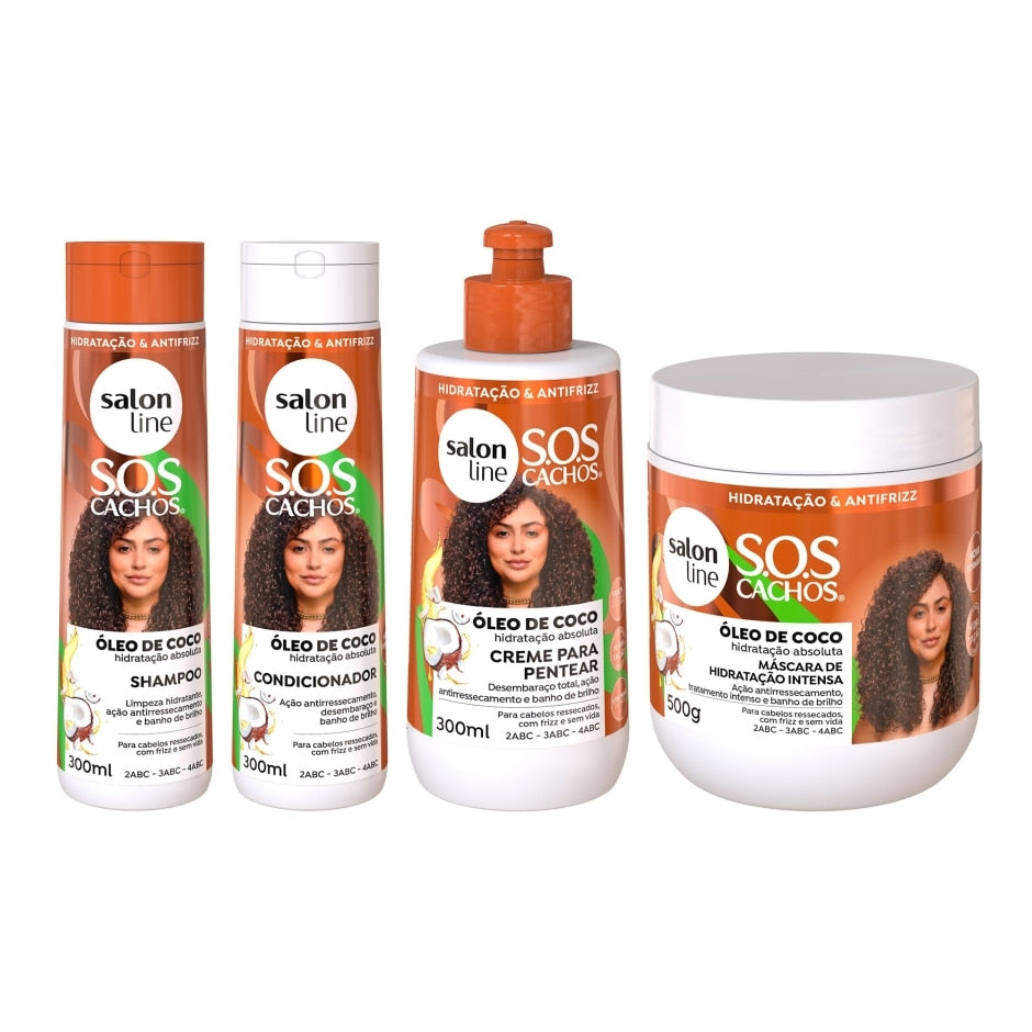 Kit SOS Cachos Coco Shampoo + Condicionador + Creme de Pentear + Máscara Salon Line