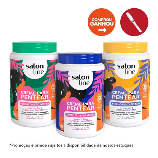 Kit com 3 Cremes Para Pentear: Reconstrução, Nutrição e Brilho Salon Line