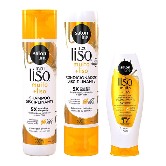 Kit com Shampoo + Condicionador + Defrizante Meu Liso Muito+Liso Salon Line