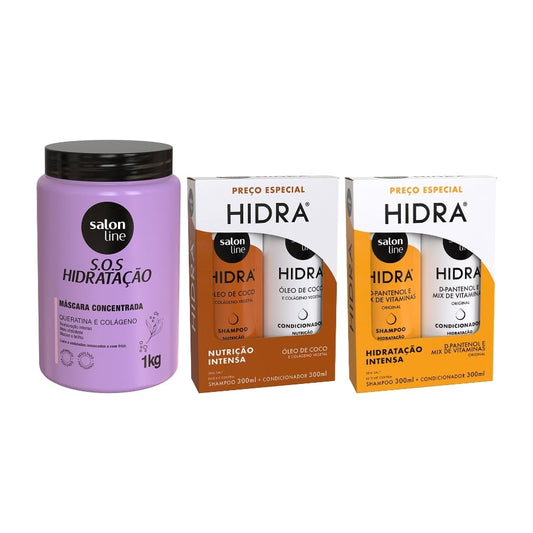 Kit com 2 Shampoos e 2 Condicionadores Hidra + Máscara SOS Hidratação Bio-Reconstrução Salon Line