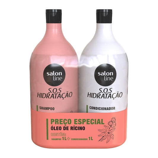 Kit S.O.S Hidratação Óleo de Rícino Shampoo e Condicionador Litrão Salon Line